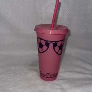 Custom Designed Soccer Themed Pink Party Cup with Straw-New Without Tags